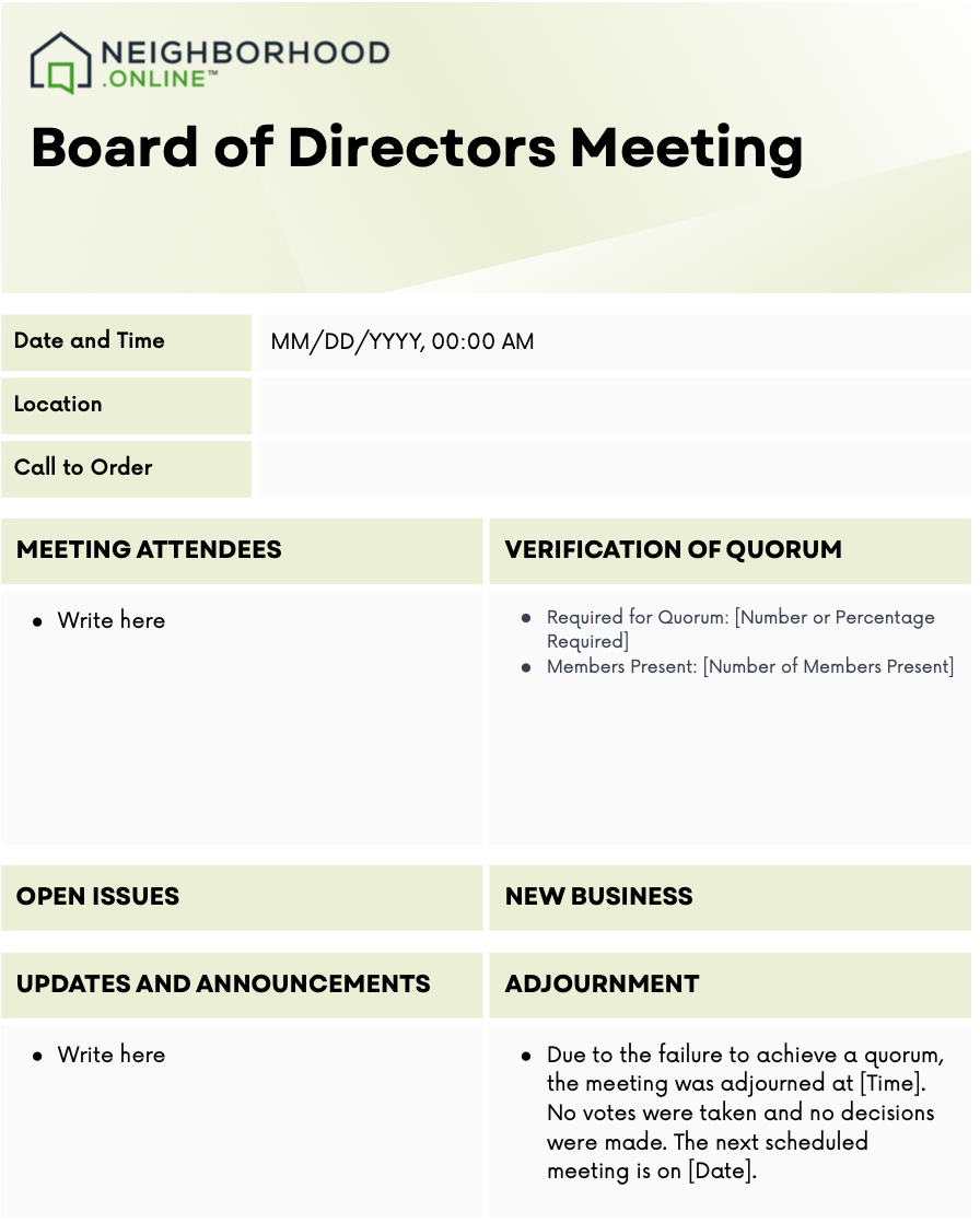 Meeting minutes with no quorum example